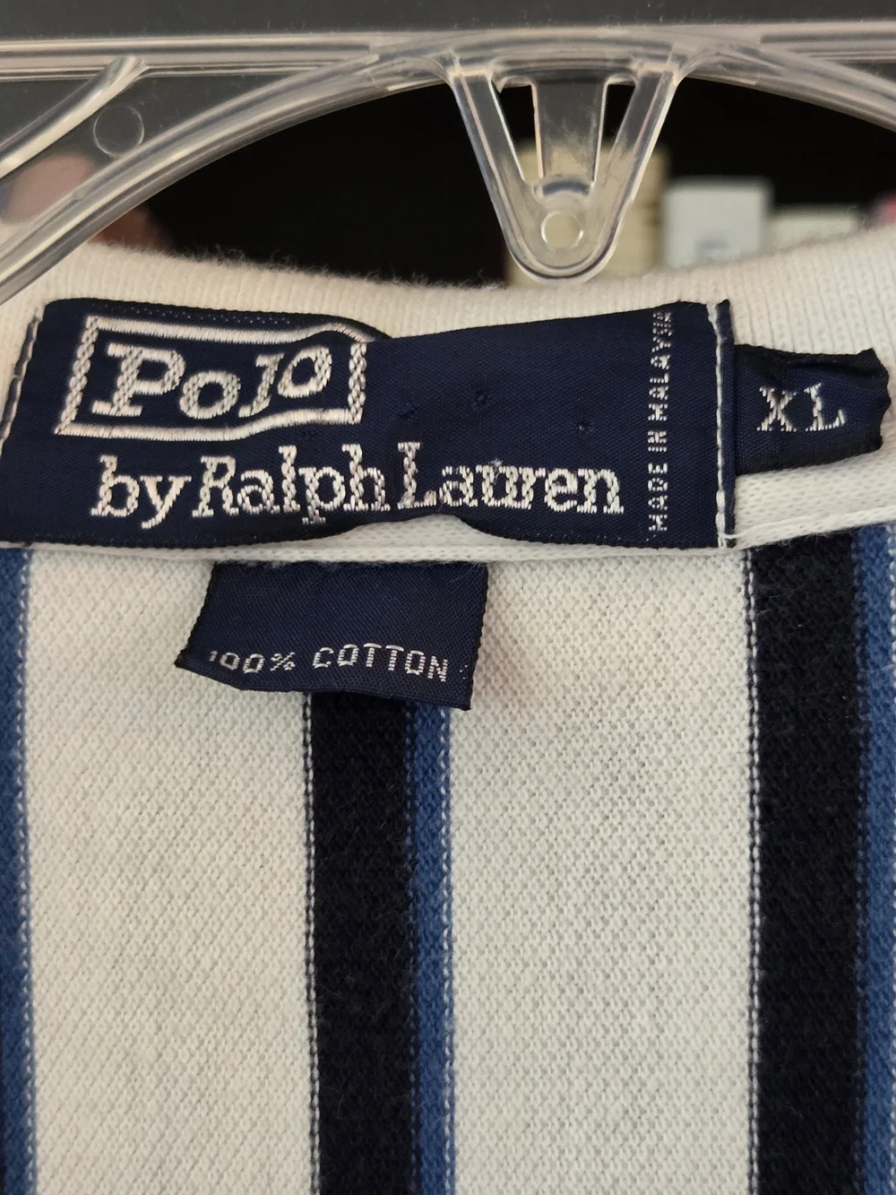Vintage 90s Polo by Ralph Lauren White Polo Shirt with Navy Stripes - Size XL